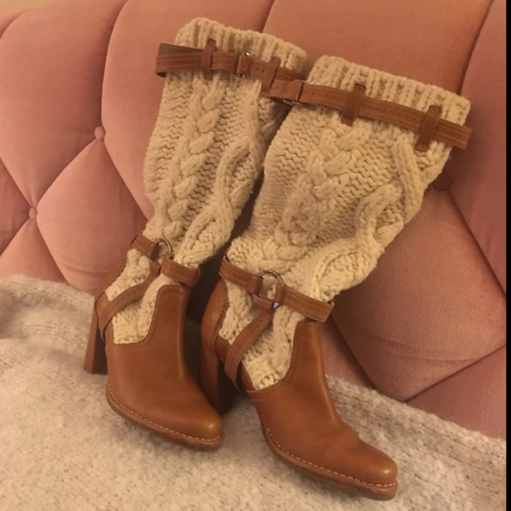 Timberland Knit Bootleg Brown Leather High-Heel Boots